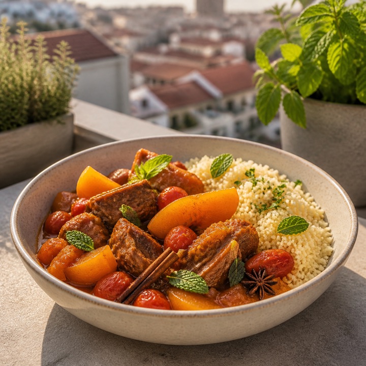 Borrego estufado com marmelo e cuscuz num rooftop moderno