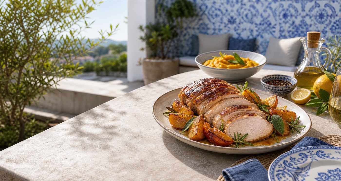 Porco assado com marmelo num terraço português moderno